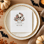 Custom Halloween napkins for a Halloween party, skull wreathed in roses and orange blooms