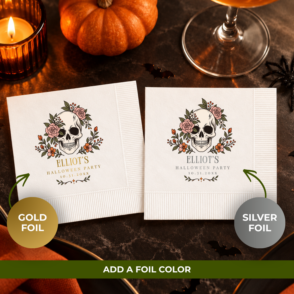 Personalized Halloween paper napkins with the skull wreathed in roses and orange blooms