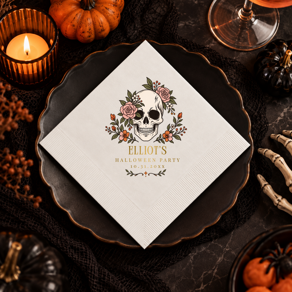 Personalized Halloween napkins with the floral skull design, in cocktail, luncheon and guest towel sizes
