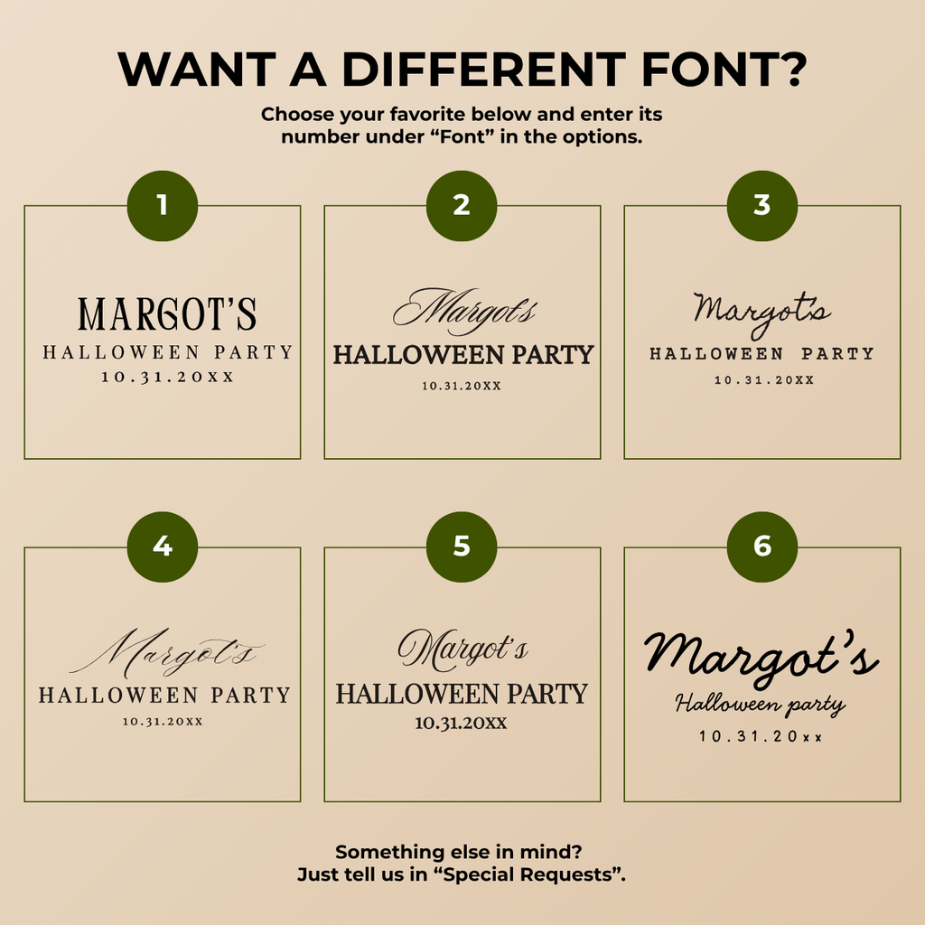 Font chart with the font options for the personalized floral skull Halloween napkins