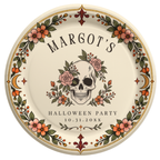 Personalized Halloween paper plate with a skull wreathed in roses, name, party line and date below