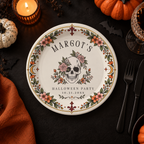Floral skull halloween paper plates personalized with your name, the skull wreathed in roses and orange blooms