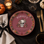 Custom floral skull halloween paper plates for a Halloween party, skull wreathed in roses and orange blooms