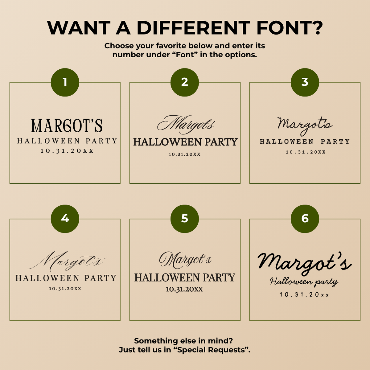 Font chart with six font options for the personalized floral skull Halloween paper plates