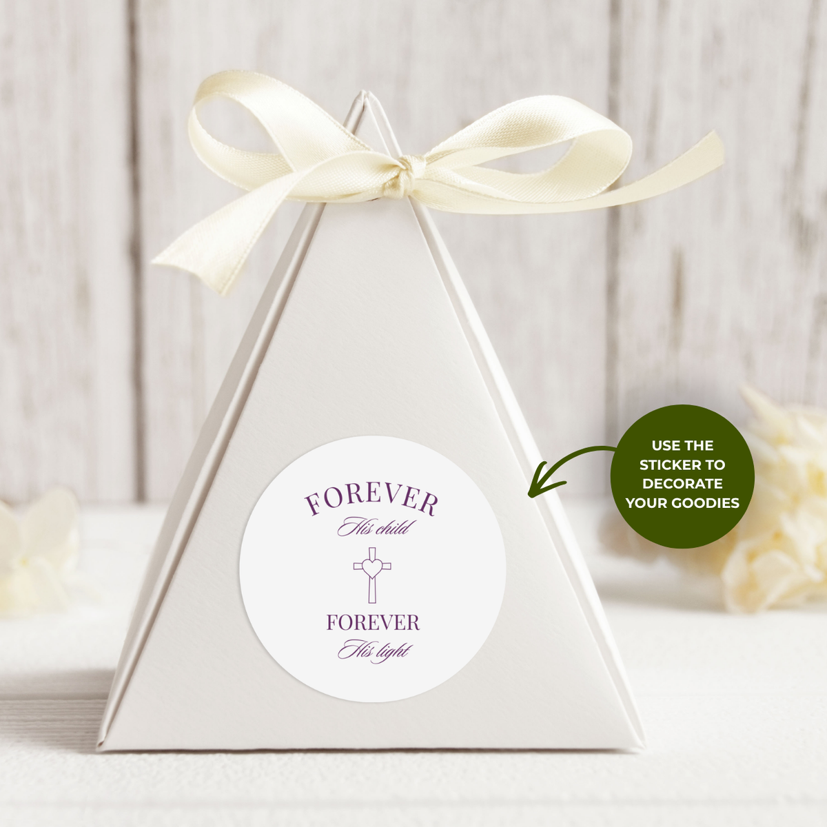 Forever His Child favor labels on christening favor bags