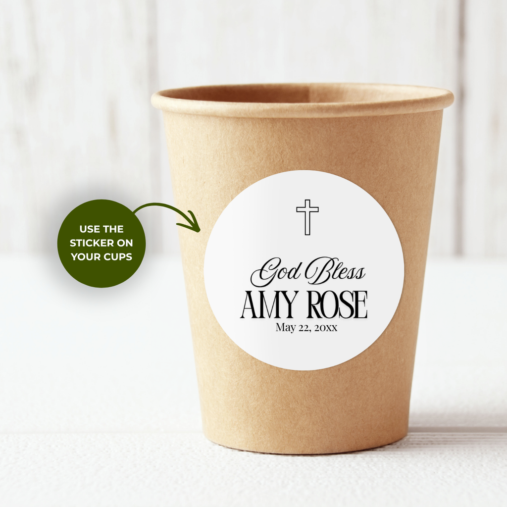 Round and square God Bless baptism favor labels