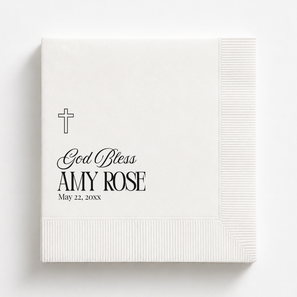 God Bless Classic baptism napkin personalized with a name and date