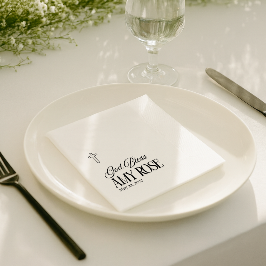 God Bless napkin for the christening reception table