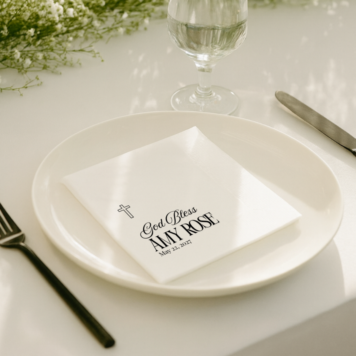 God Bless napkin for the christening reception table