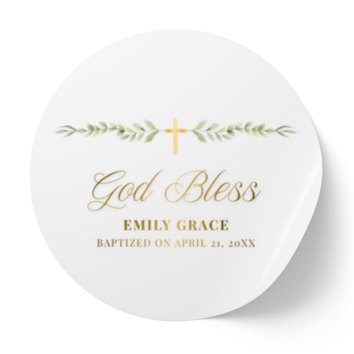 God Bless Greenery baptism favor label personalized with a name and date