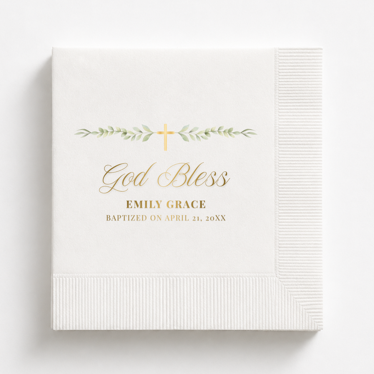 God Bless Greenery baptism napkin personalized with a name and date