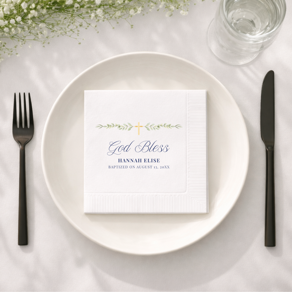 Custom baptism napkins with watercolor greenery