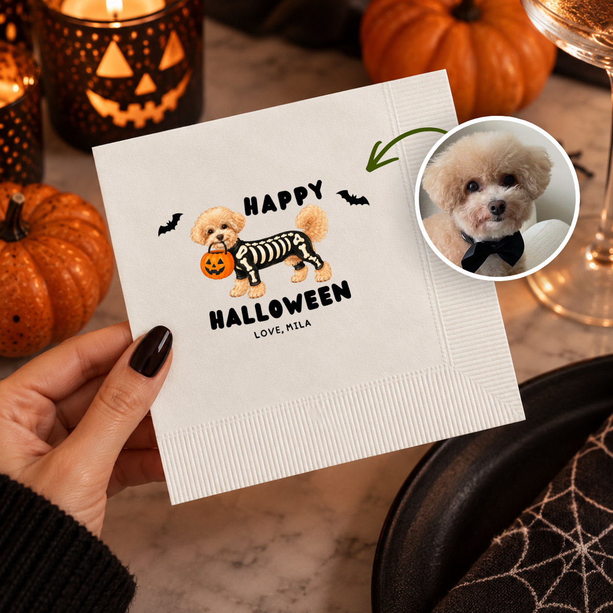 Dachshund cocktail napkins personalized with your pet's name and date, dachshund in a skeleton costume under Happy Halloweenie