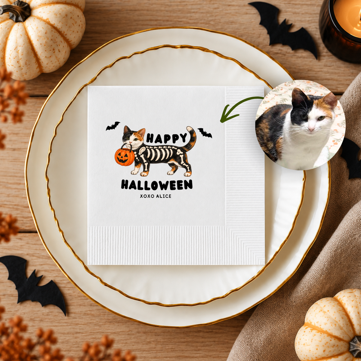 Custom dachshund cocktail napkins for a Halloween party, dachshund in a skeleton costume under Happy Halloweenie