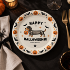 Dachshund halloween paper plates personalized with your name, the dachshund in a skeleton costume under Happy Halloweenie