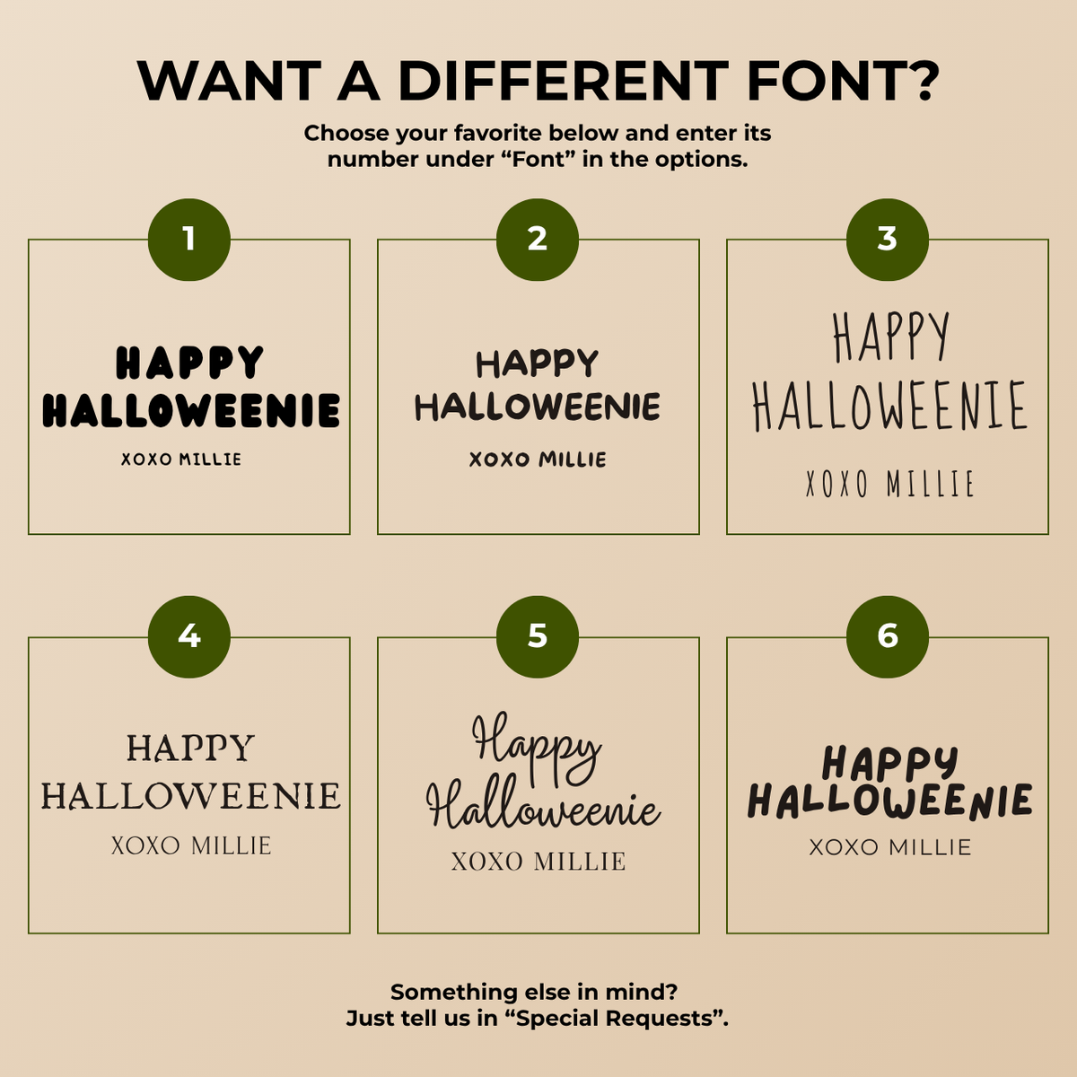 Font chart with six font options for the personalized Halloweenie dachshund Halloween paper plates