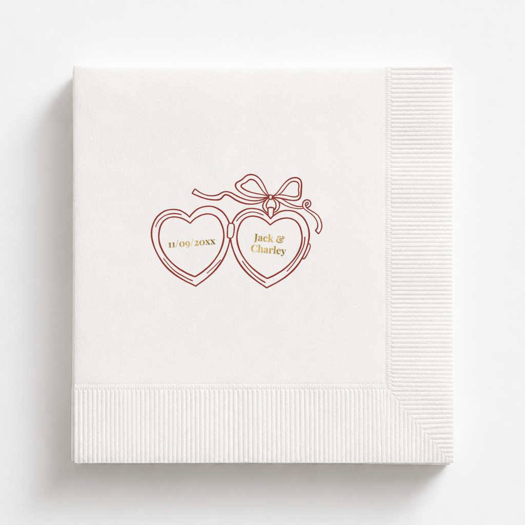 Heart Lockets & Bow wedding napkin with names and date