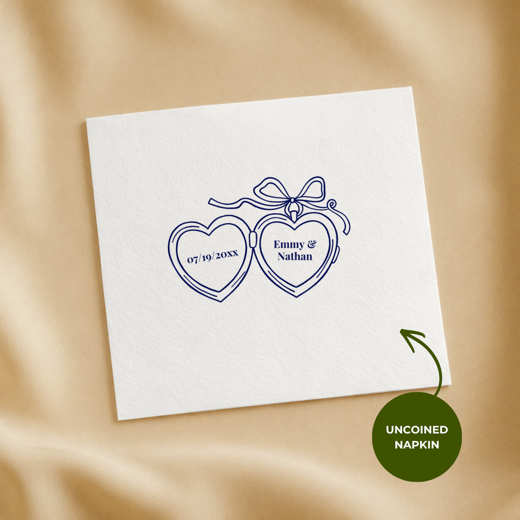 Heart lockets and bow wedding napkin with the wedding date