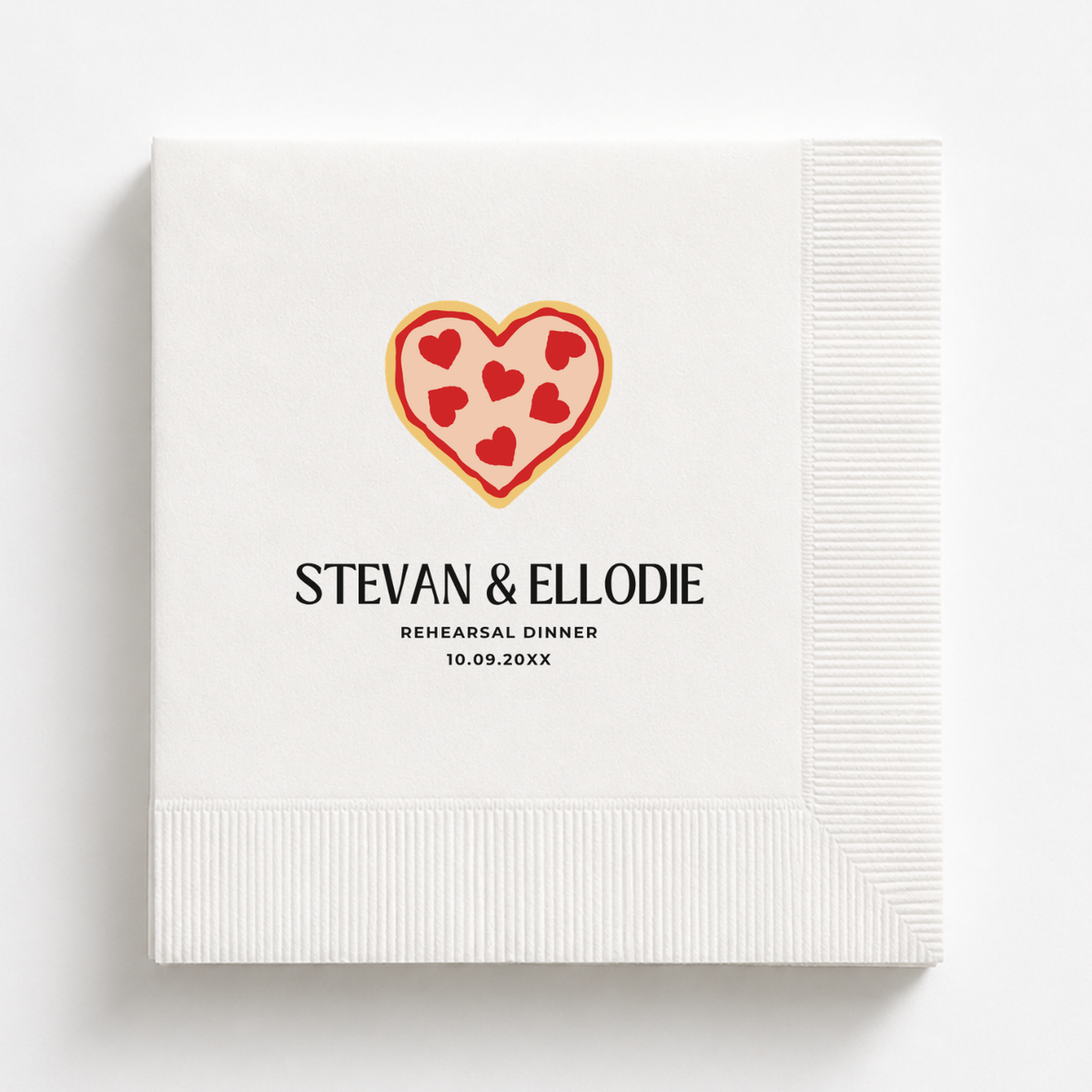 Heart Pizza rehearsal dinner napkin with names and date