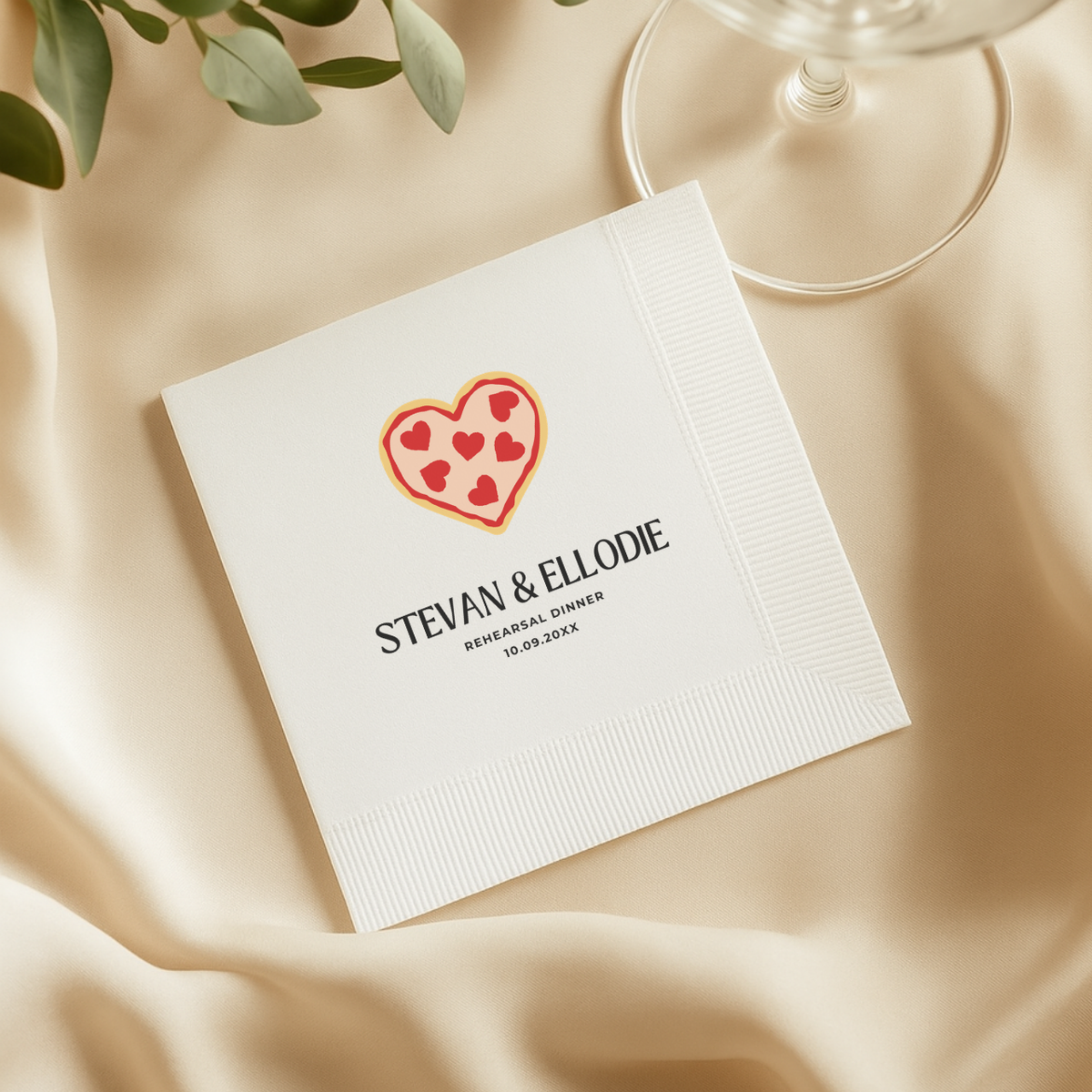 Personalized heart pizza napkin with the couple's names