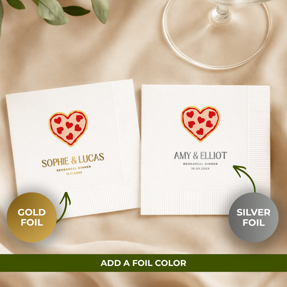 Heart Pizza rehearsal dinner cocktail napkins for a casual dinner