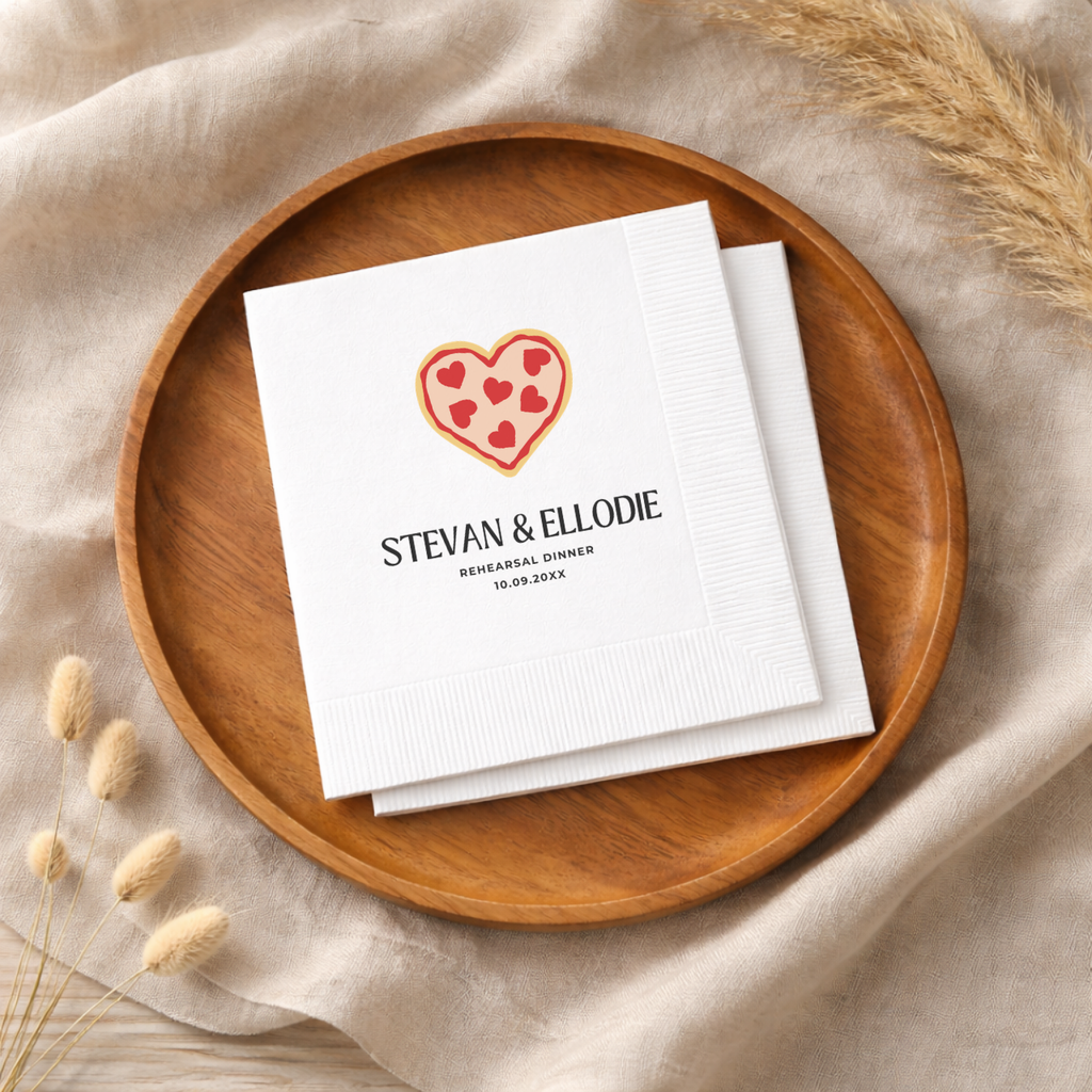 Custom rehearsal dinner napkins with a pizza heart design