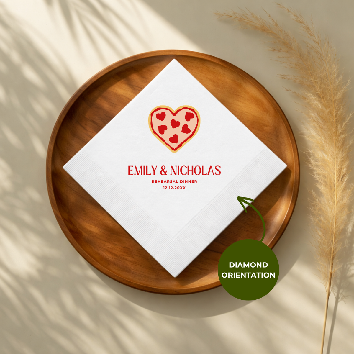 Heart Pizza napkin design for a rehearsal dinner