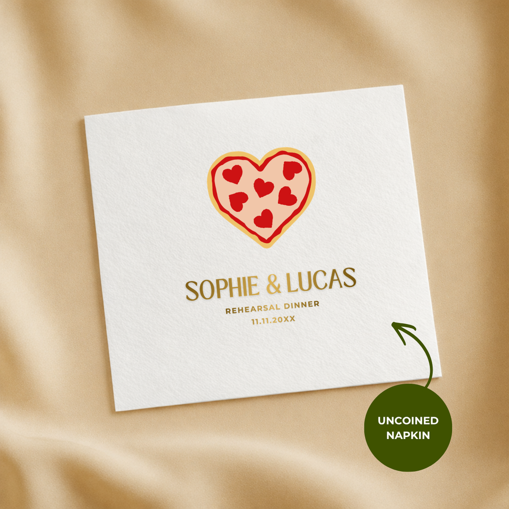 Heart pizza rehearsal dinner napkin with the wedding date