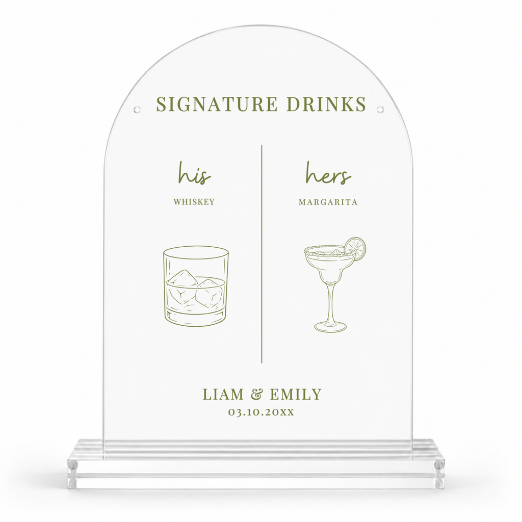 His and hers signature drinks wedding bar sign in an acrylic dome, whiskey and margarita line art with names and date