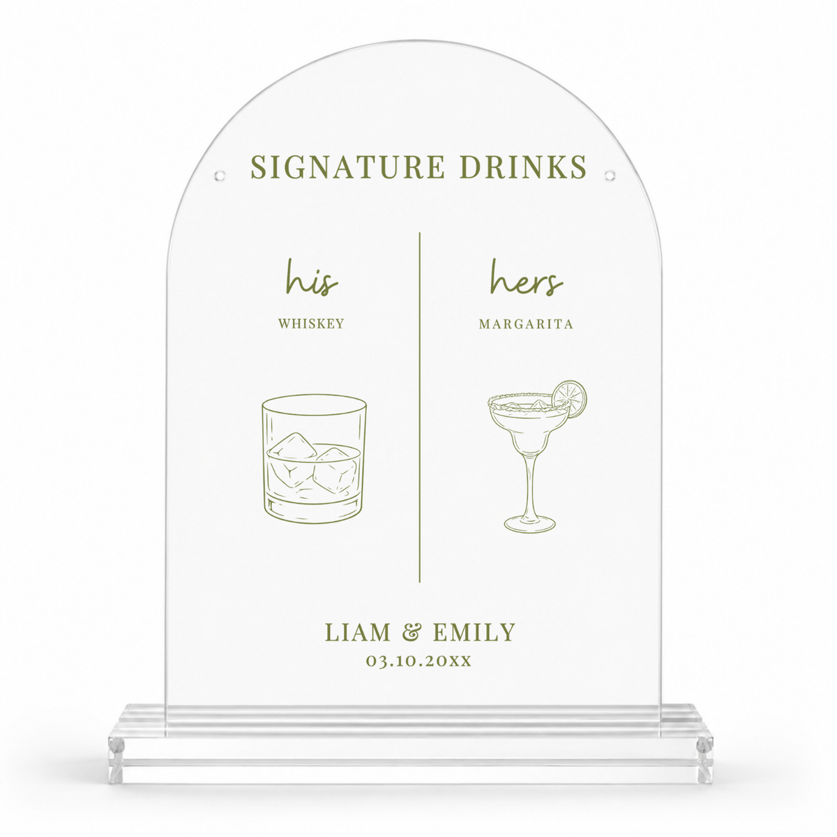 His and hers signature drinks wedding bar sign in an acrylic dome, whiskey and margarita line art with names and date