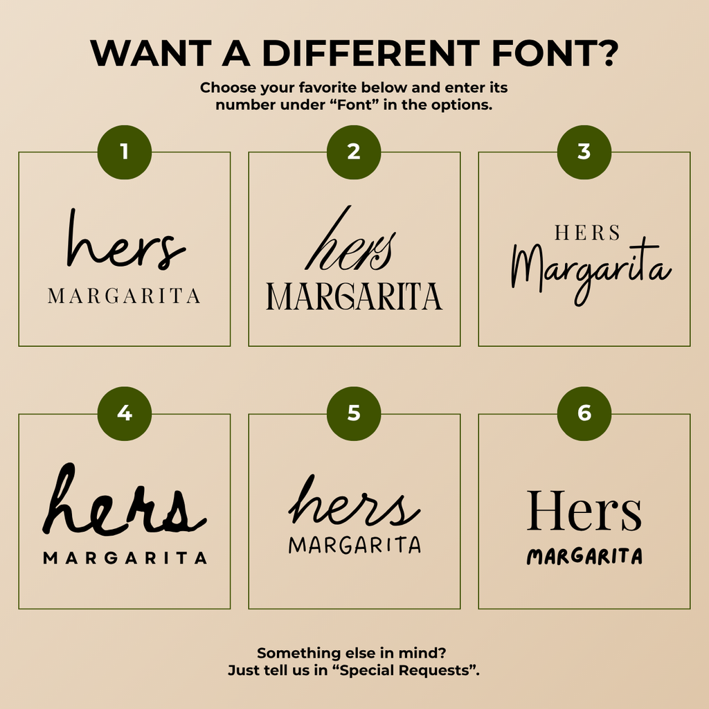Font chart for the custom his and hers signature drinks wedding bar sign, six numbered font options to choose from