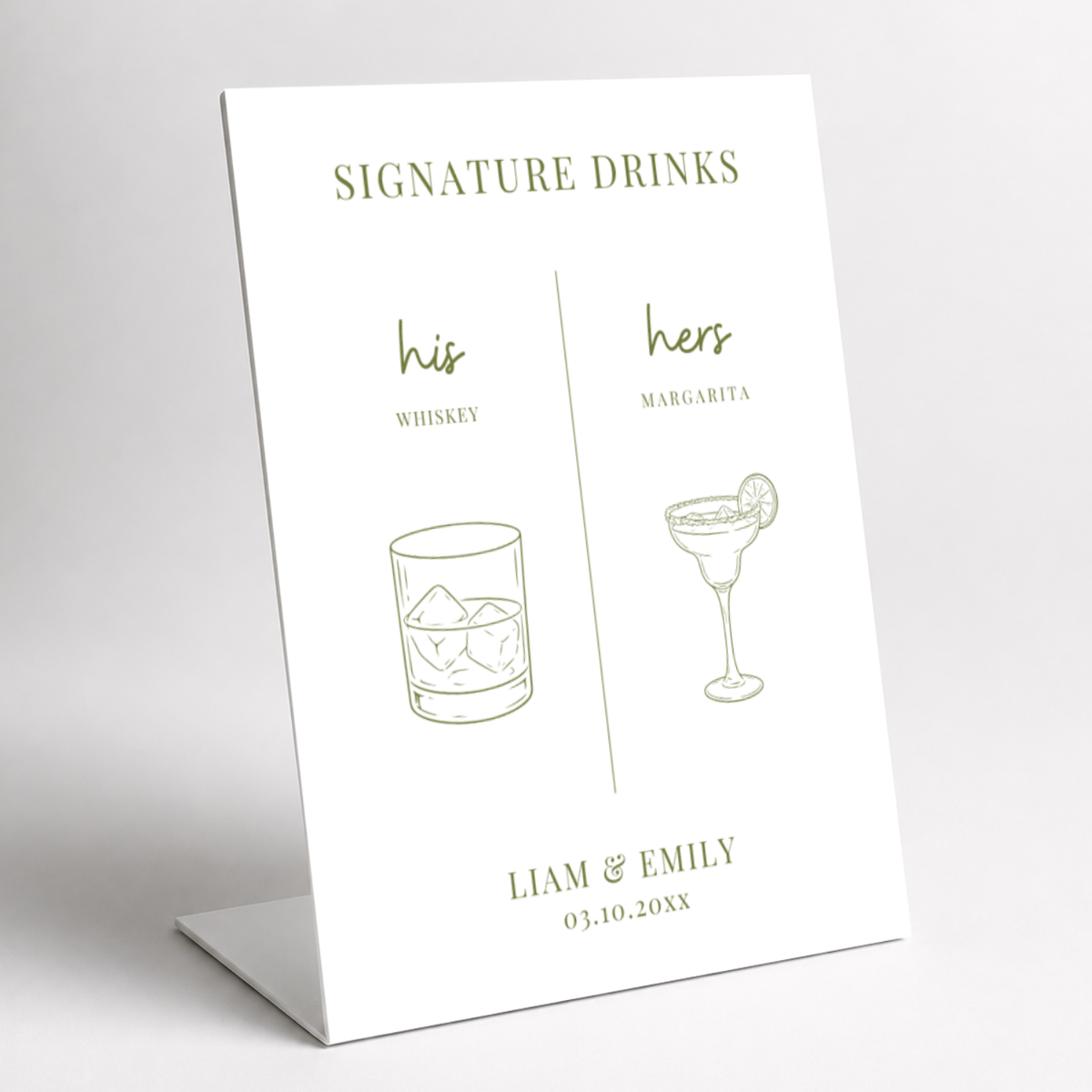 His and hers signature drinks wedding pedestal bar sign, whiskey and margarita line art with names and date