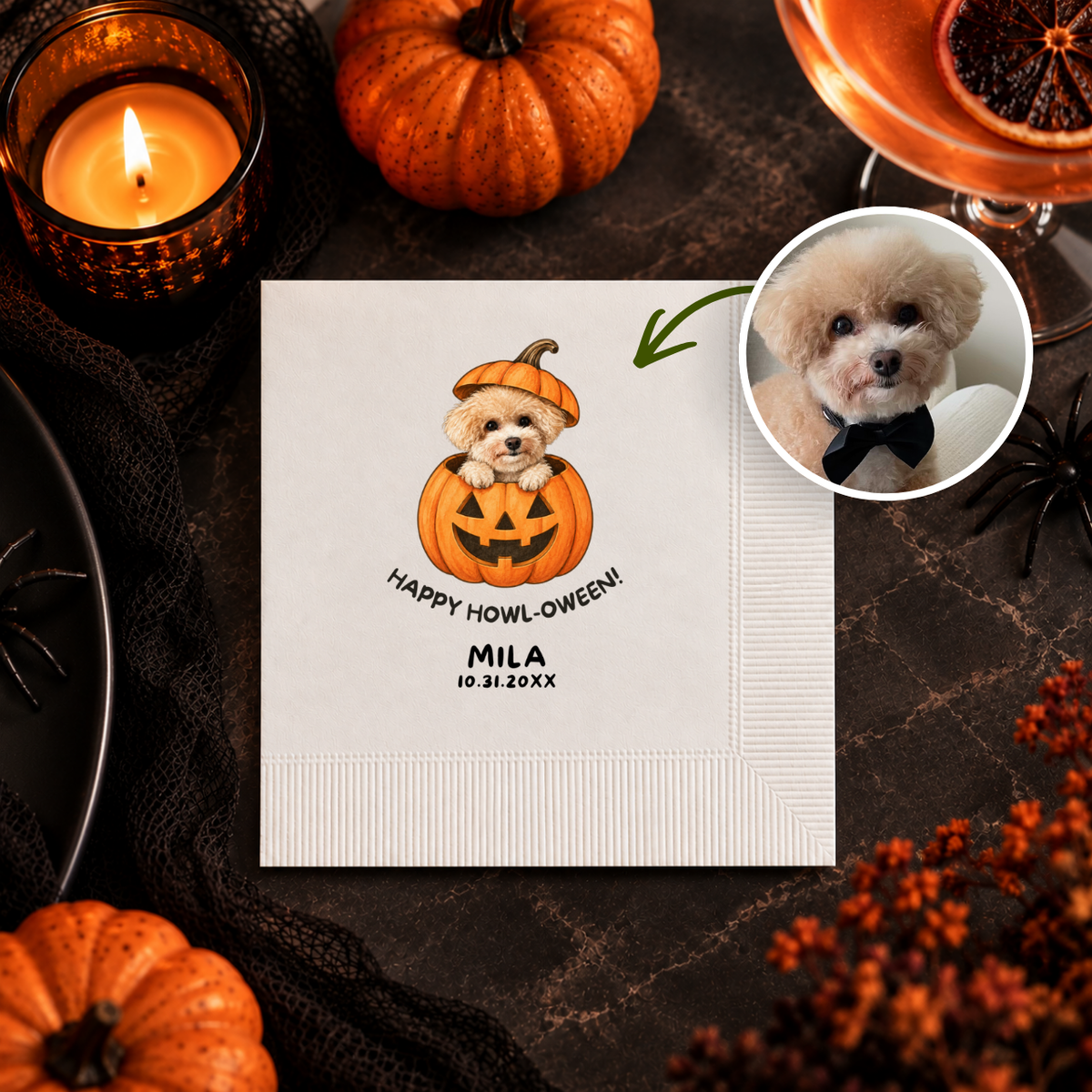 Pumpkin dog napkins personalized with your pet's name and date, dog peeking out of a jack-o-lantern under Happy Howl-oween