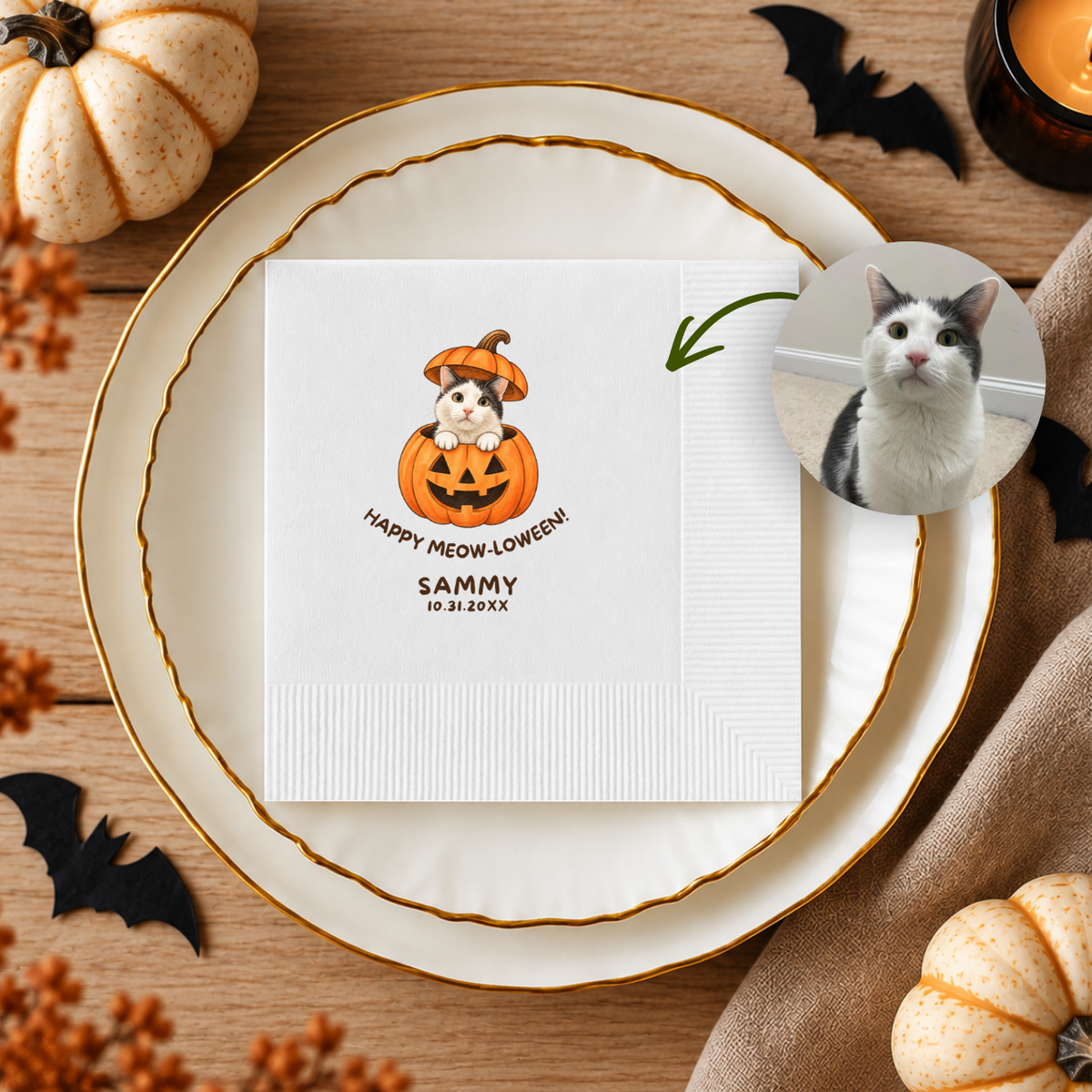 Custom pumpkin dog napkins for a Halloween party, dog peeking out of a jack-o-lantern under Happy Howl-oween