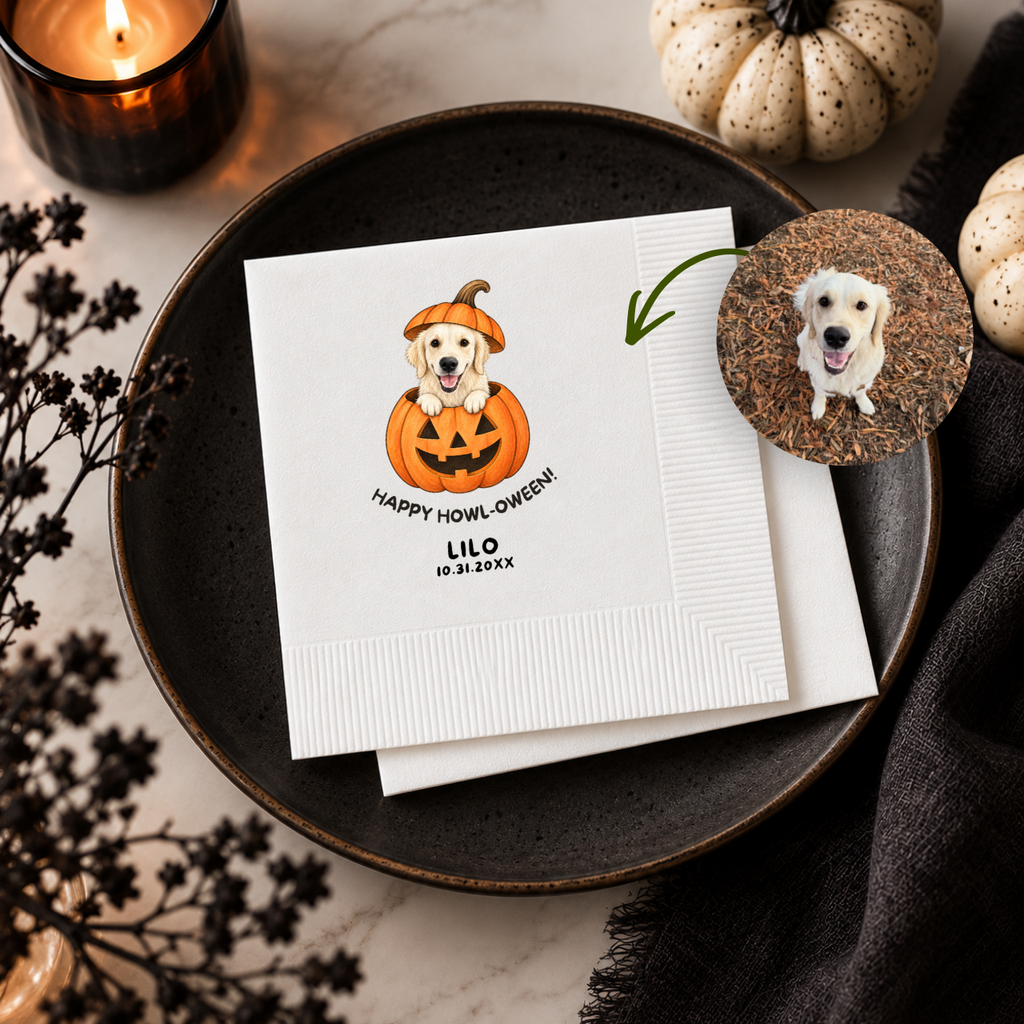Custom pumpkin dog napkins printed in the USA, Howl-oween dog design