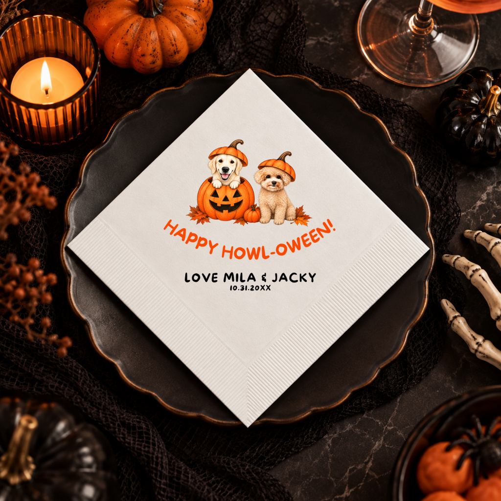 Personalized pumpkin dog napkins with the Howl-oween dog design, in cocktail, luncheon and guest towel sizes