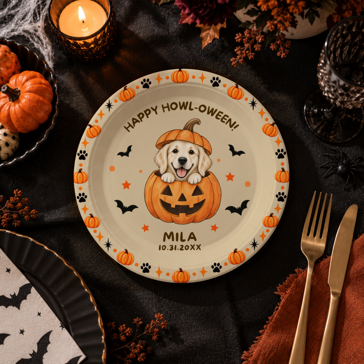 Pumpkin dog paper plates personalized with your name, the dog peeking out of a jack-o-lantern under Happy Howl-oween