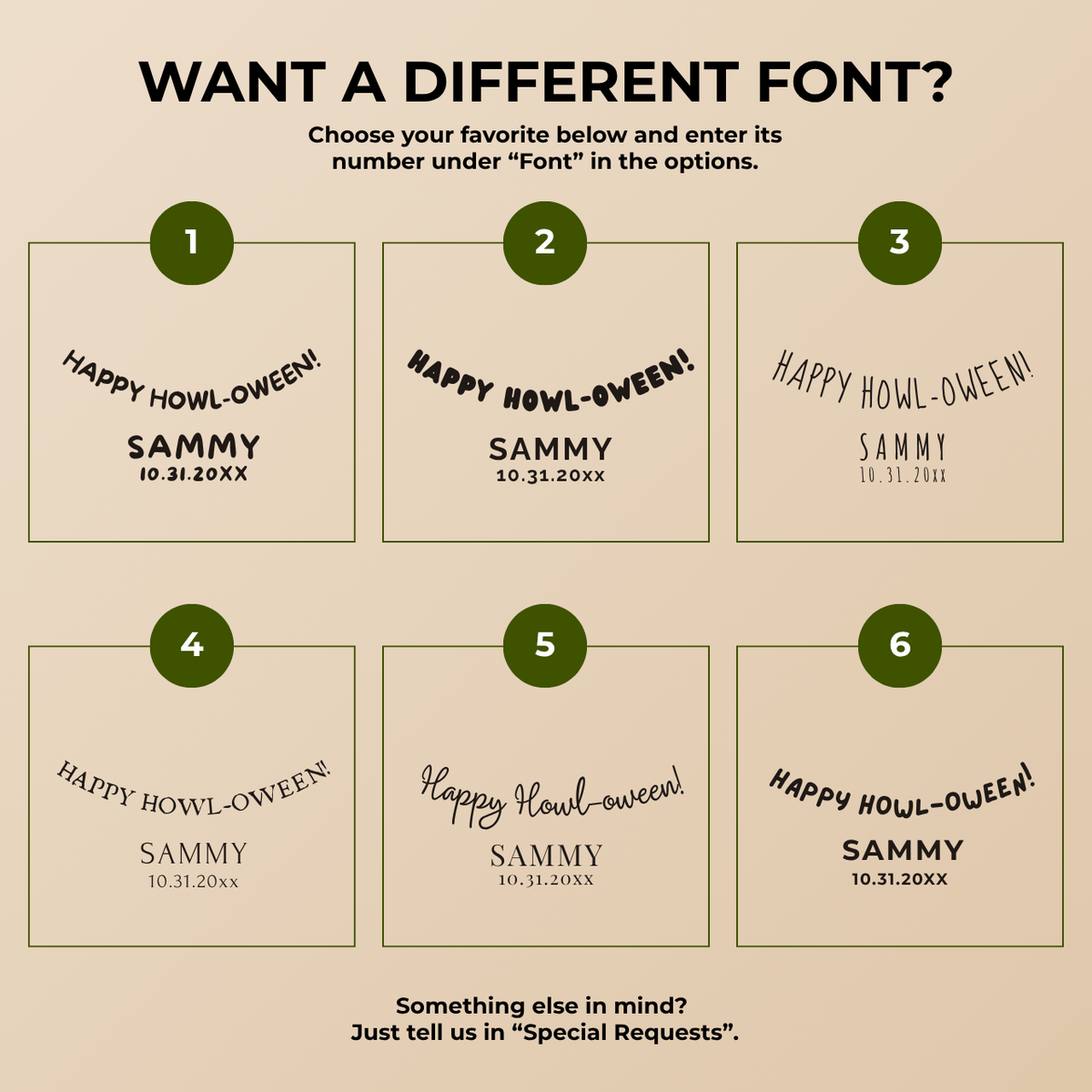 Font chart with six font options for the personalized Howl-oween dog Halloween paper plates