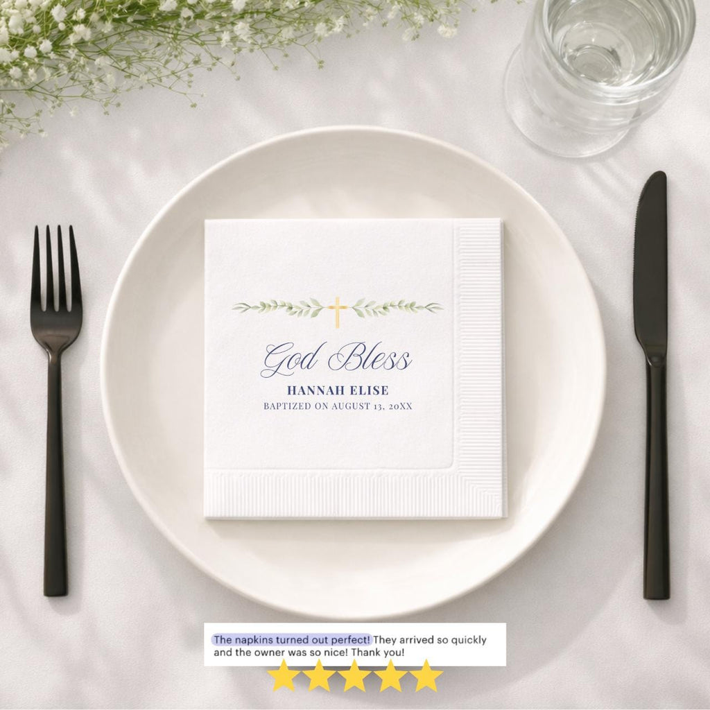 God Bless Greenery | Name & Date | Personalized Baptism Napkins