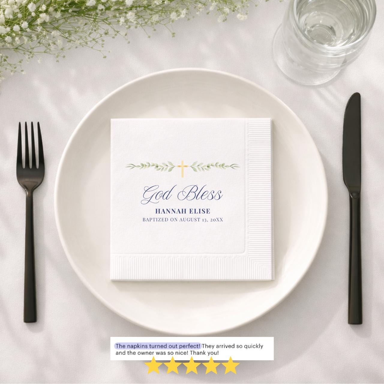 God Bless Greenery | Name & Date | Personalized Baptism Napkins