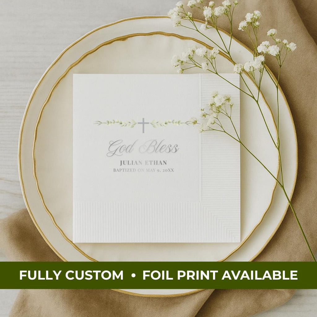 God Bless Greenery | Name & Date | Personalized Baptism Napkins