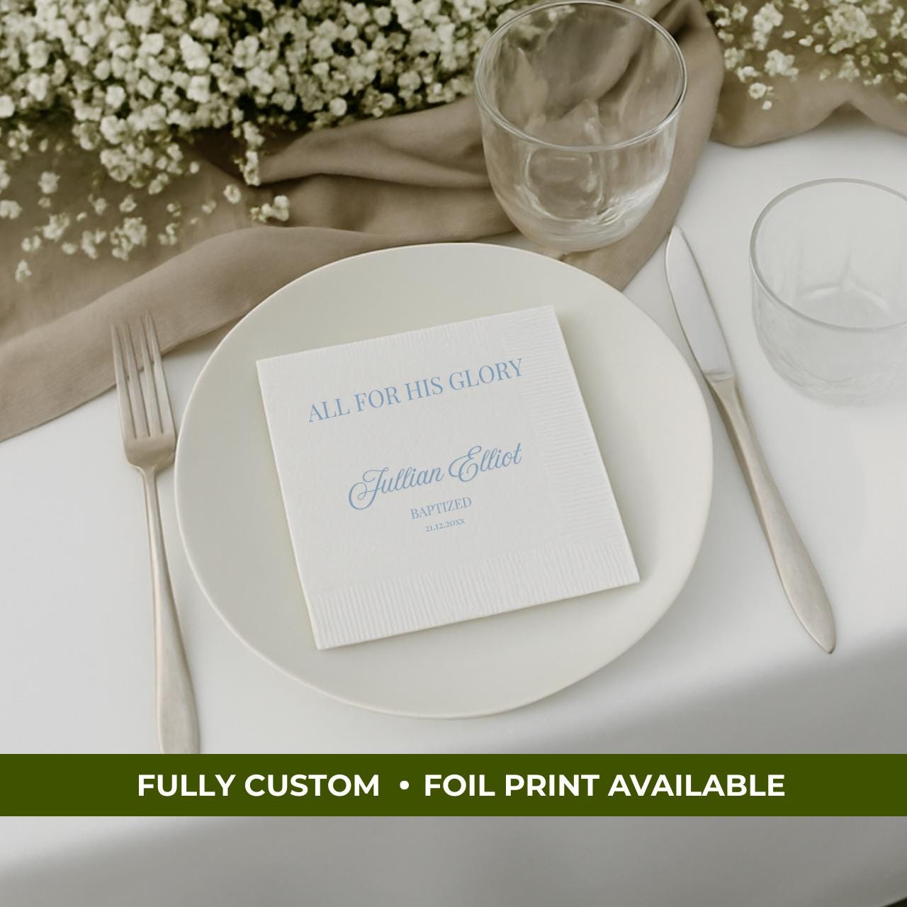 All For His Glory | Name & Date | Personalized Baptism Napkins