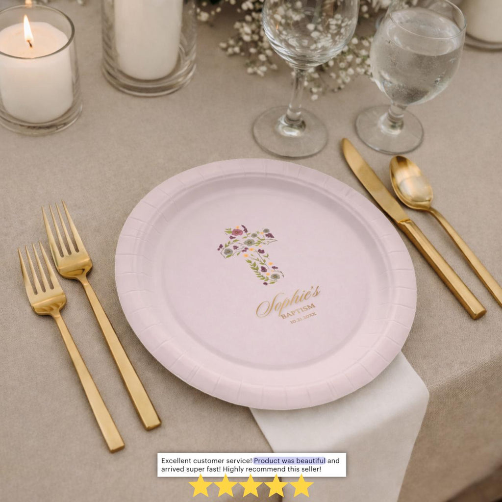 Blue Floral Cross | Name & Date | Personalized Baptism Plates