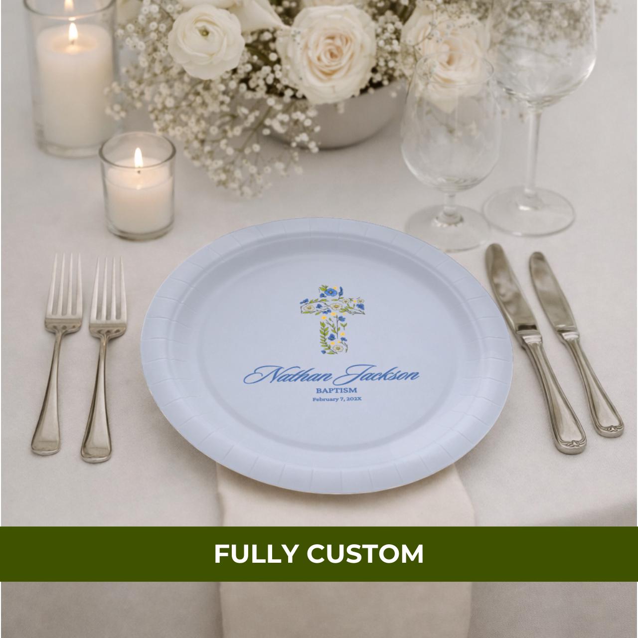 Blue Floral Cross | Name & Date | Personalized Baptism Plates
