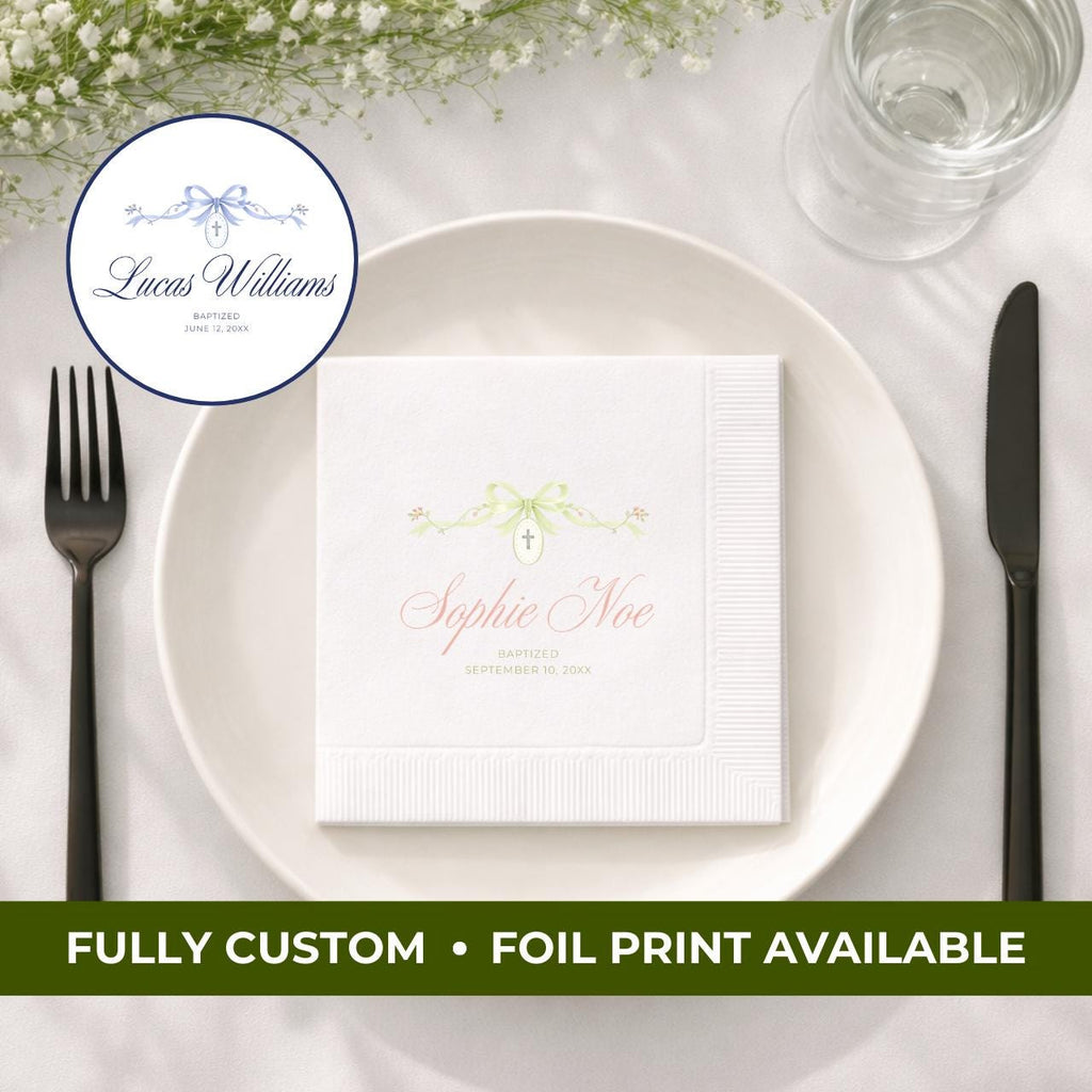 Ribbon & Cross Medallion | Name & Date | Personalized Baptism Napkins