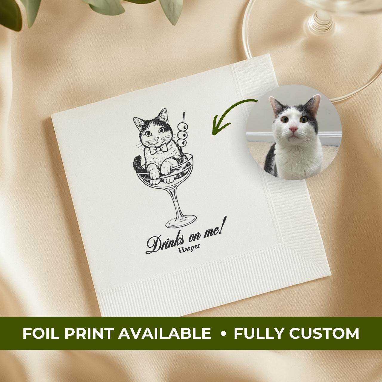 Cat in a Glass Drinks on Me | Custom Cat Wedding Napkins
