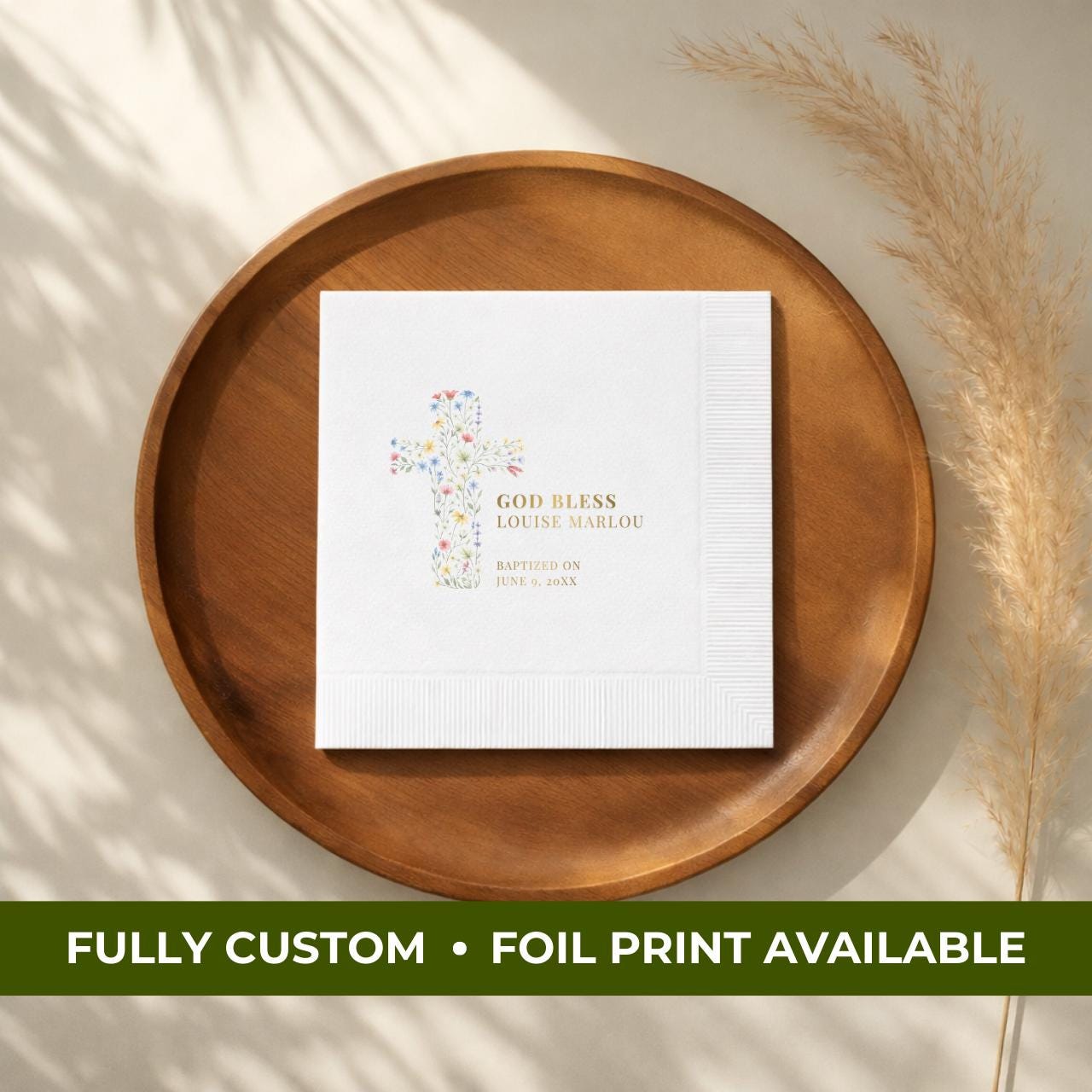Floral Cross God Bless | Name & Date | Personalized Baptism Napkins