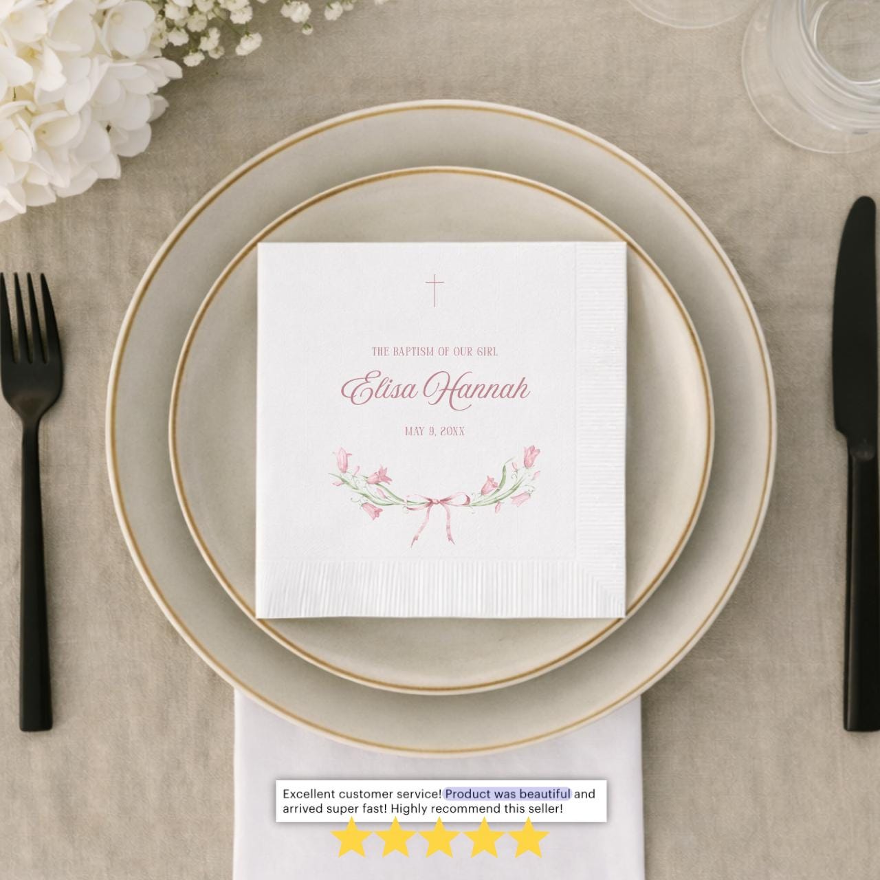 Floral Ribbon Bow | Name & Date | Personalized Baptism Napkins