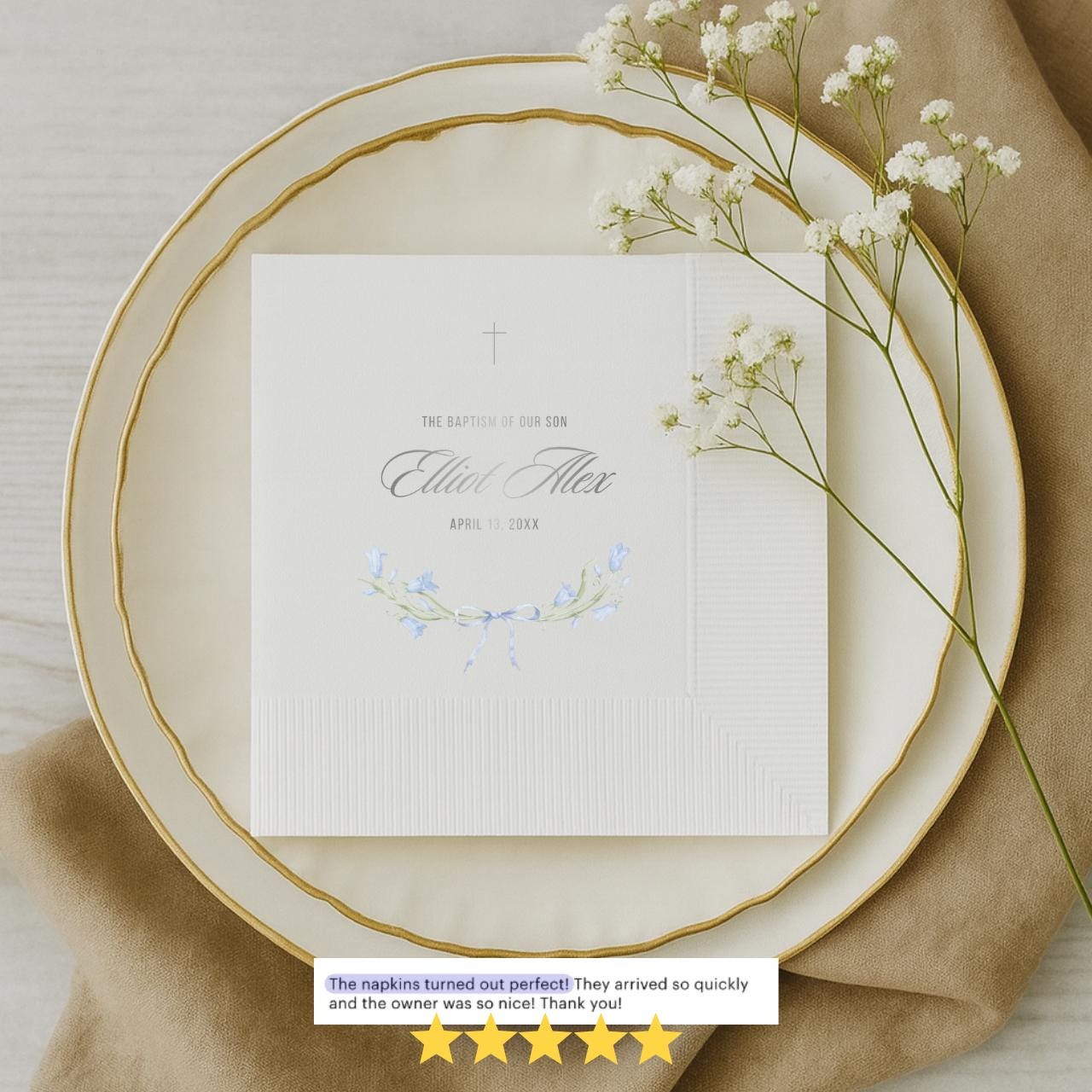 Floral Ribbon Bow | Name & Date | Personalized Baptism Napkins