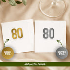 Custom 80th birthday napkins in cocktail, luncheon and guest towel sizes, 80th name design